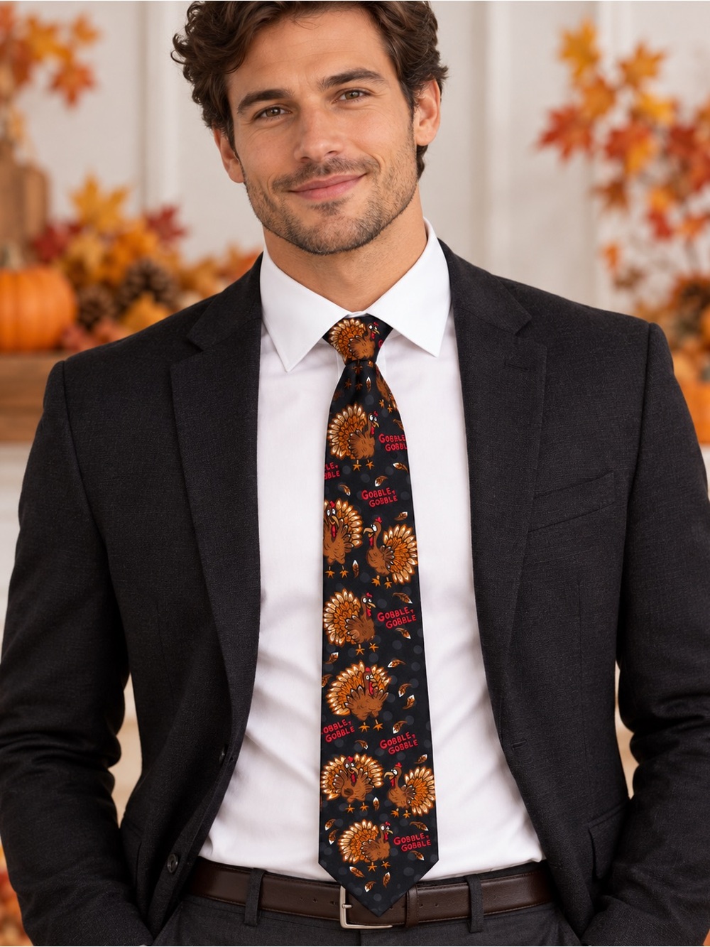 Ties in Disguise Thanksgiving Turkey Gobble Gobble 100% Silk Tie NWOT
